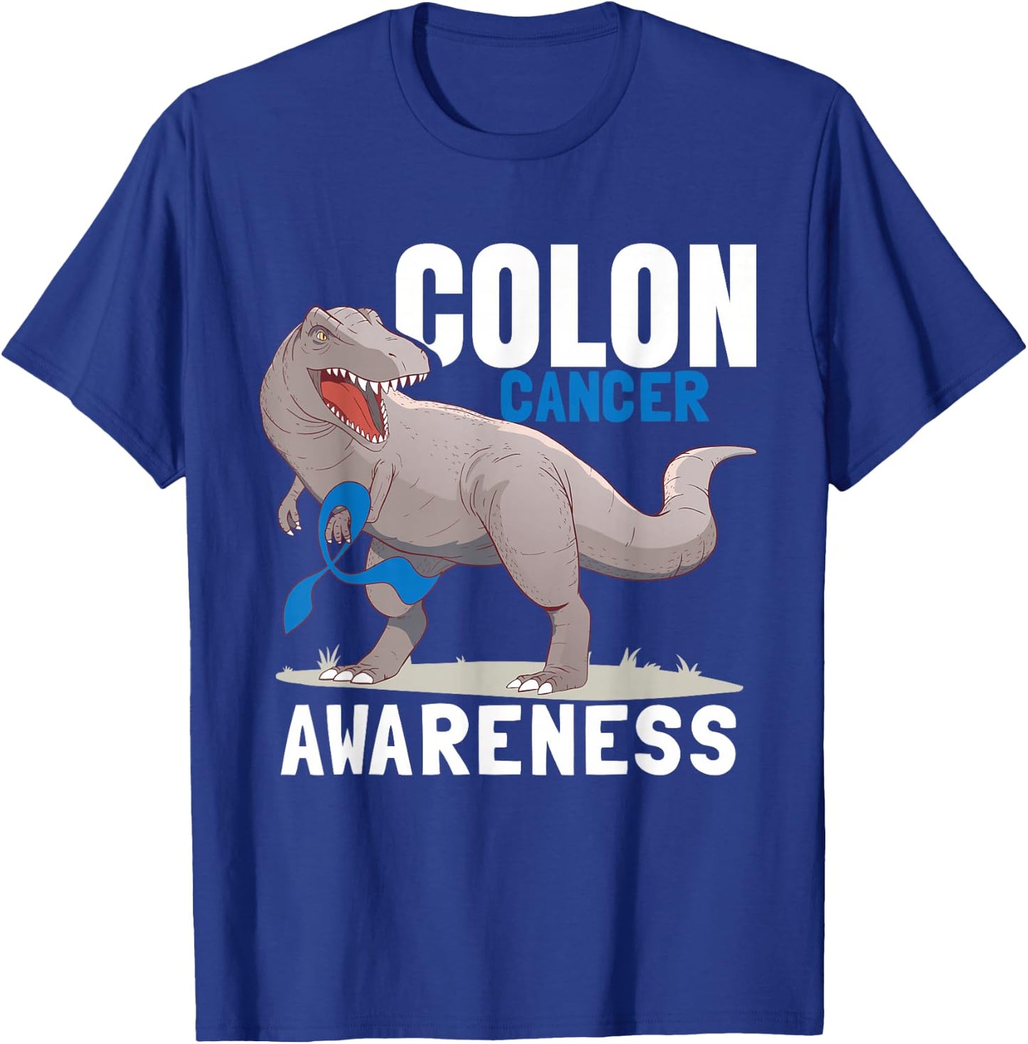Dinosaur Blue Ribbon Colorectal Colon Cancer Awareness T-Shirt - T-Shirt | Royal