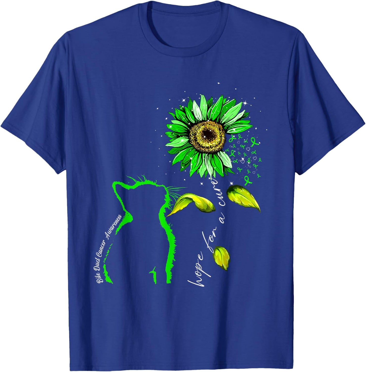 Sunflower Cat Green Bile Duct Cancer Awareness T-Shirt - T-Shirt | Royal