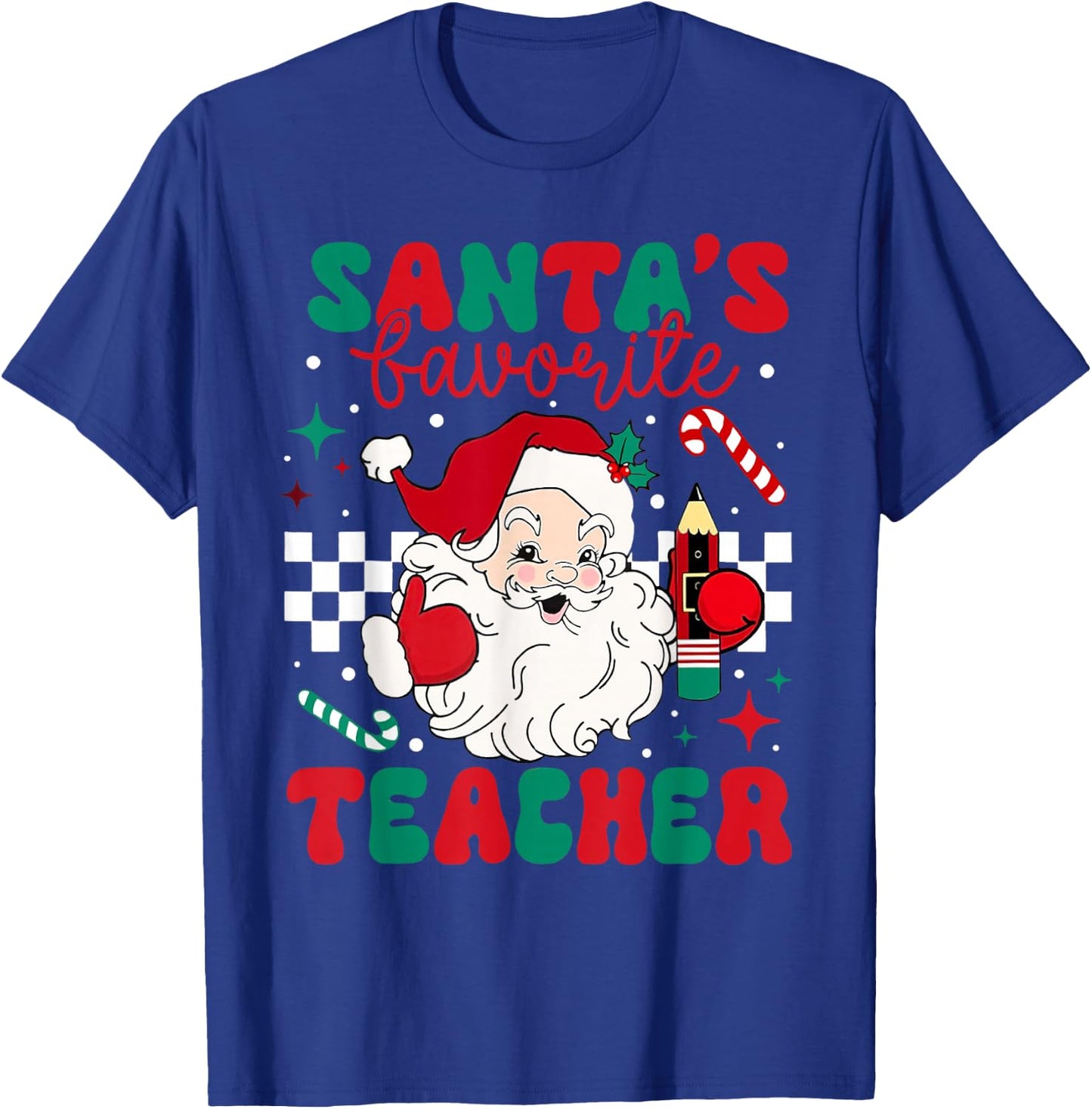 Santa's Favorite Teacher Christmas Retro Xmas Santa Claus PJ T-Shirt - T-Shirt | Royal