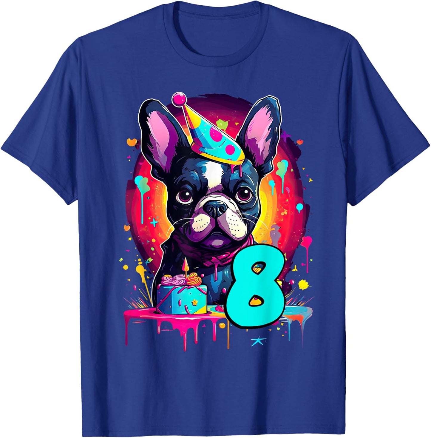 French Bulldog Dog 8th Birthday Themed Party 8 Years Old T-Shirt - T-Shirt | Royal