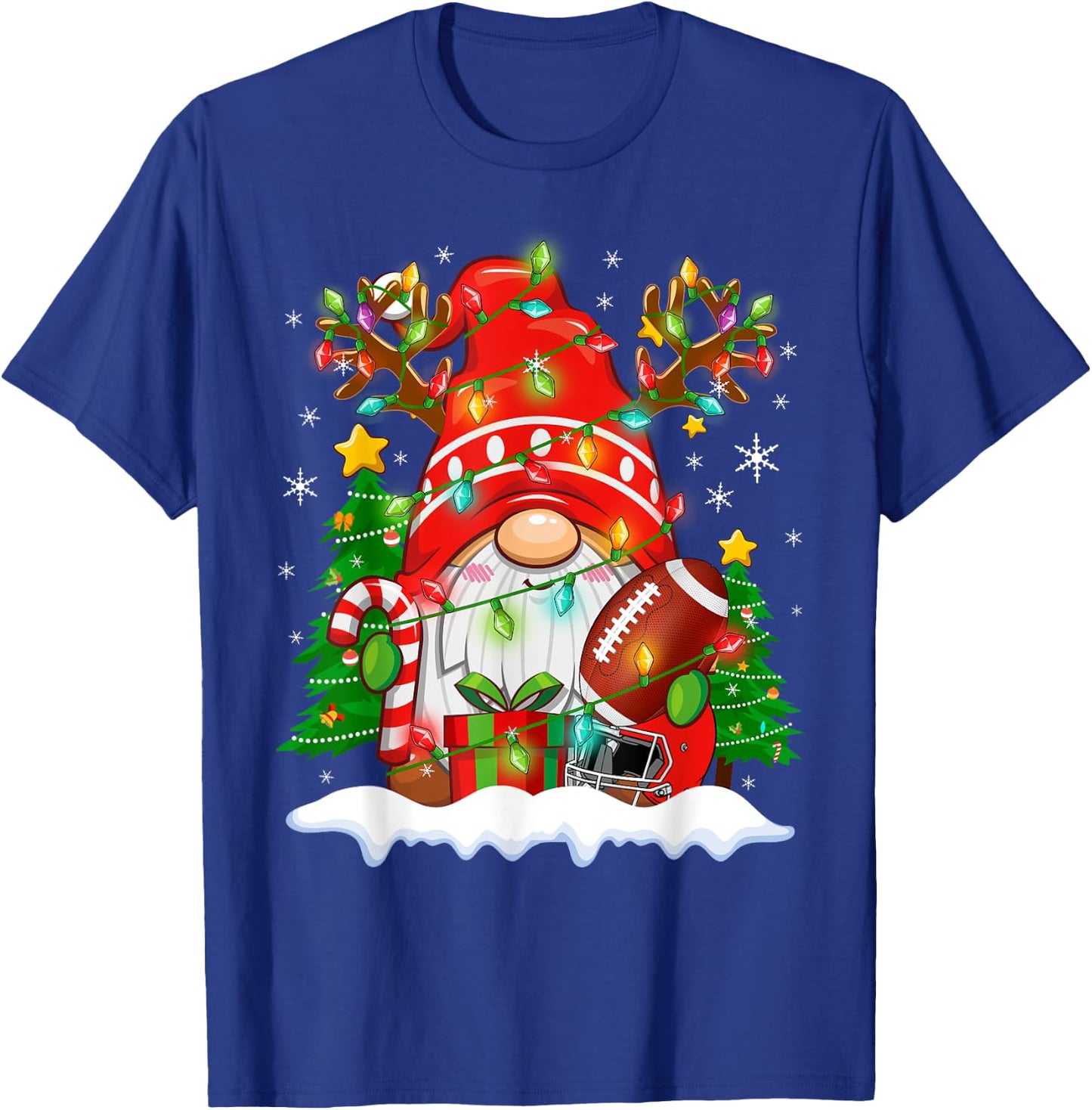 Funny Reindeer Gnome & Football Ball Christmas Lights Xmas T-Shirt - T-Shirt | Royal