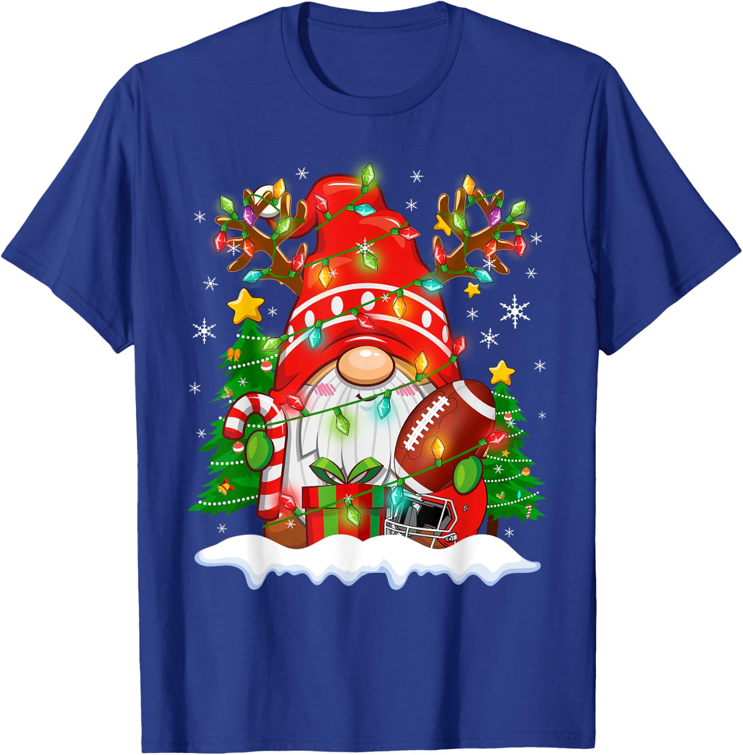 Funny Reindeer Gnome & Football Ball Christmas Lights Xmas T-Shirt - T-Shirt | Royal