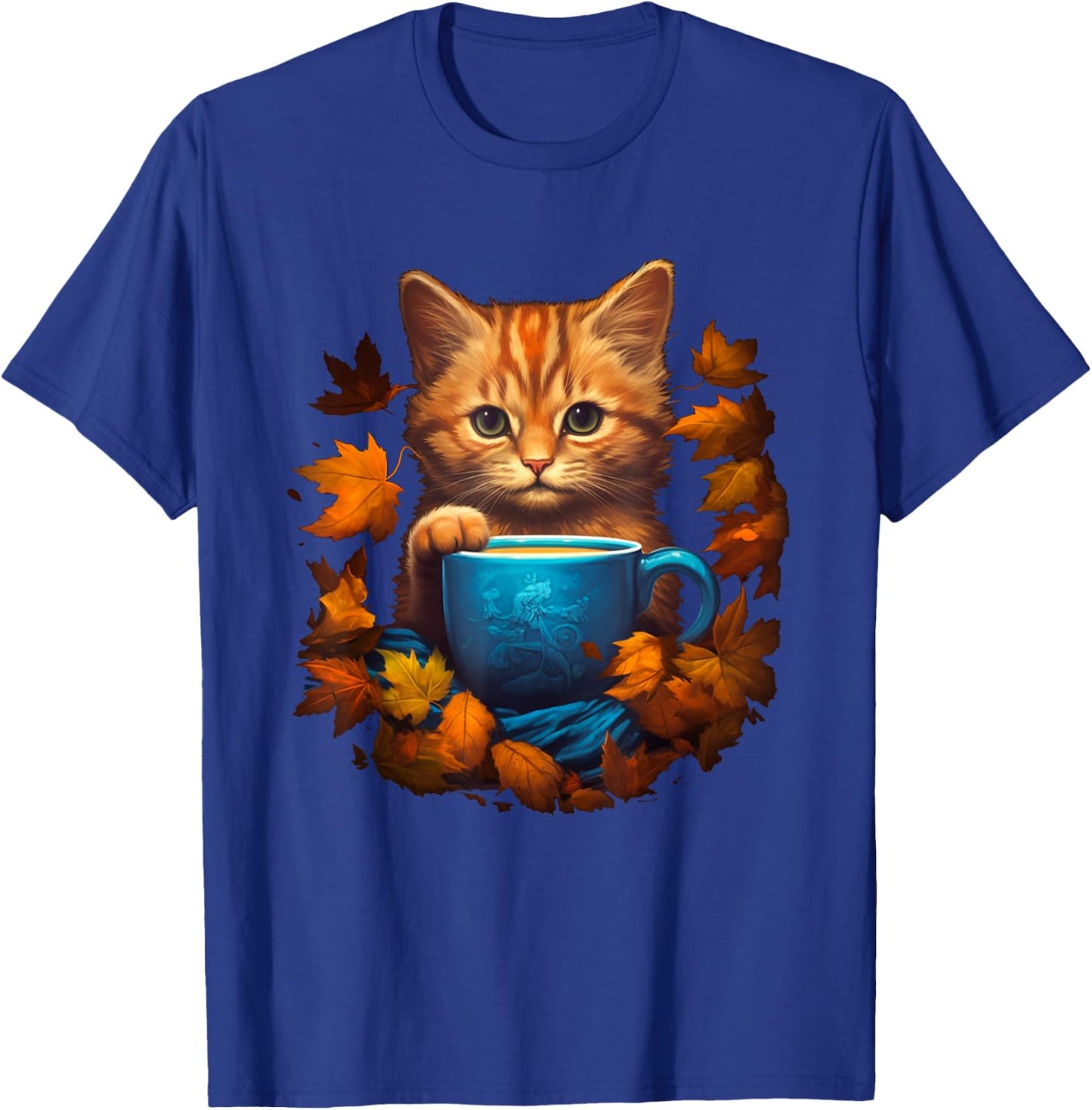 Funny Cat & Coffee Fall Autumn Leaves For Cat Lovers Costume Men Women T-Shirt - T-Shirt | Royal