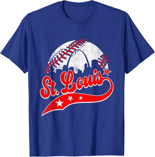 St. Louis Cityscape Distressed Baseball Men Women Kids T-Shirt - T-Shirt | Royal
