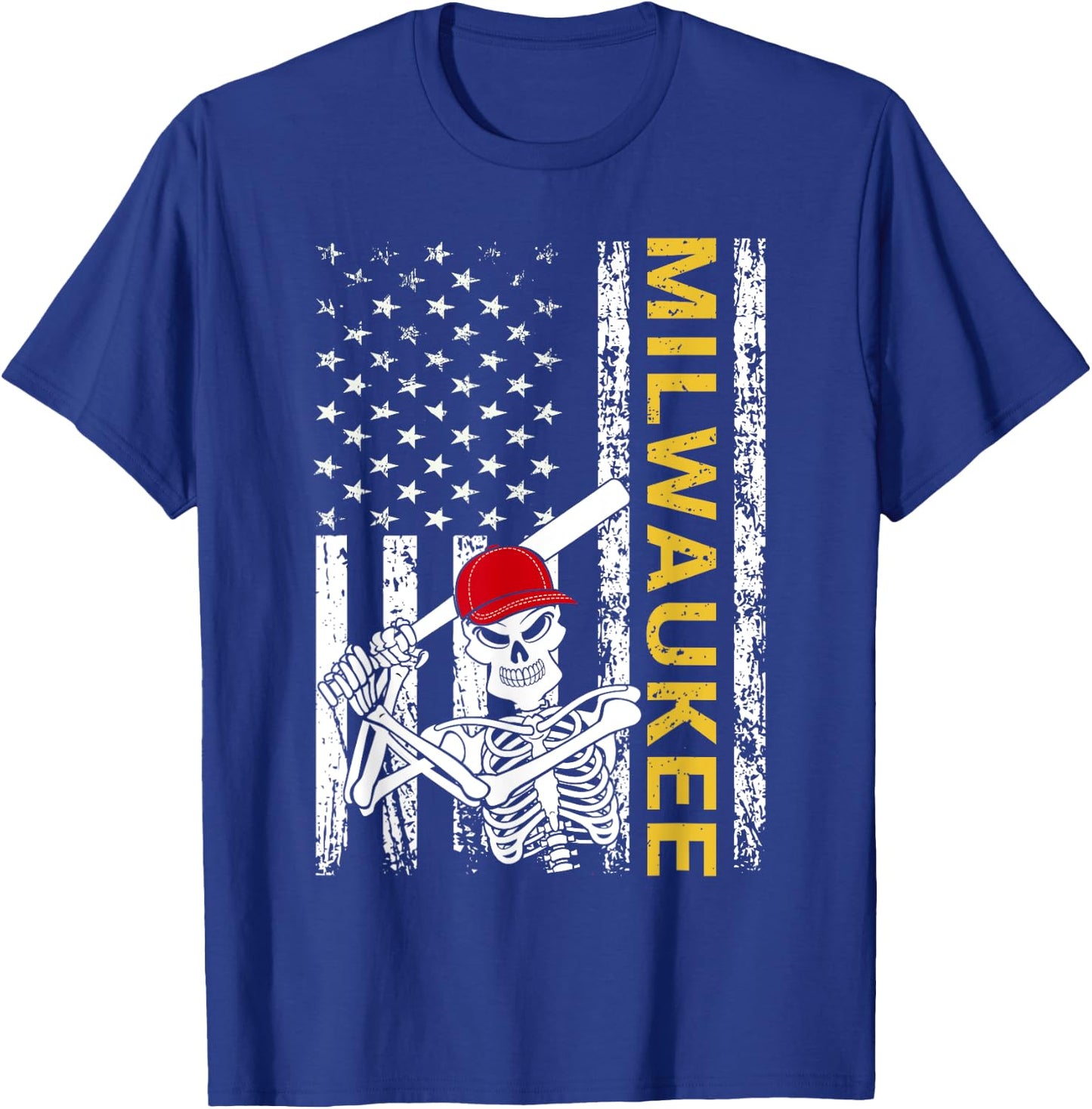Milwaukee Halloween US Flag Skeleton Baseball Players T-Shirt - T-Shirt | Royal