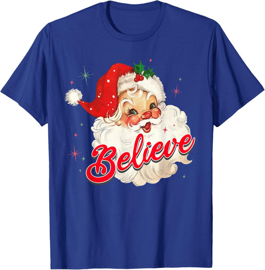 Vintage Santa Claus Believe Christmas Women Boys Girls T-Shirt - T-Shirt | Royal