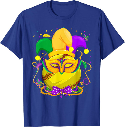 Softball Ball With Jester Hat Mardi Gras Fat Tuesday Parade T-Shirt - T-Shirt | Royal