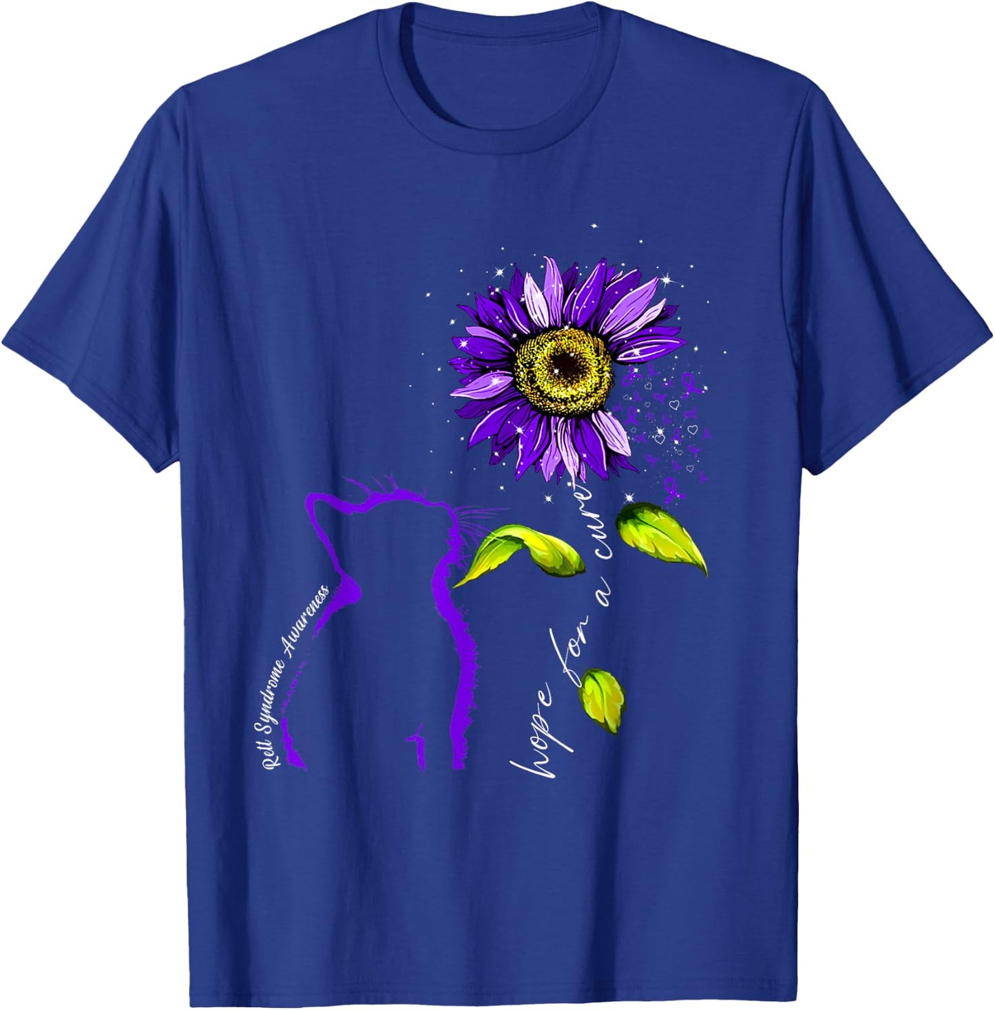 Sunflower Cat Purple Rett Syndrome Awareness Men Women T-Shirt - T-Shirt | Royal