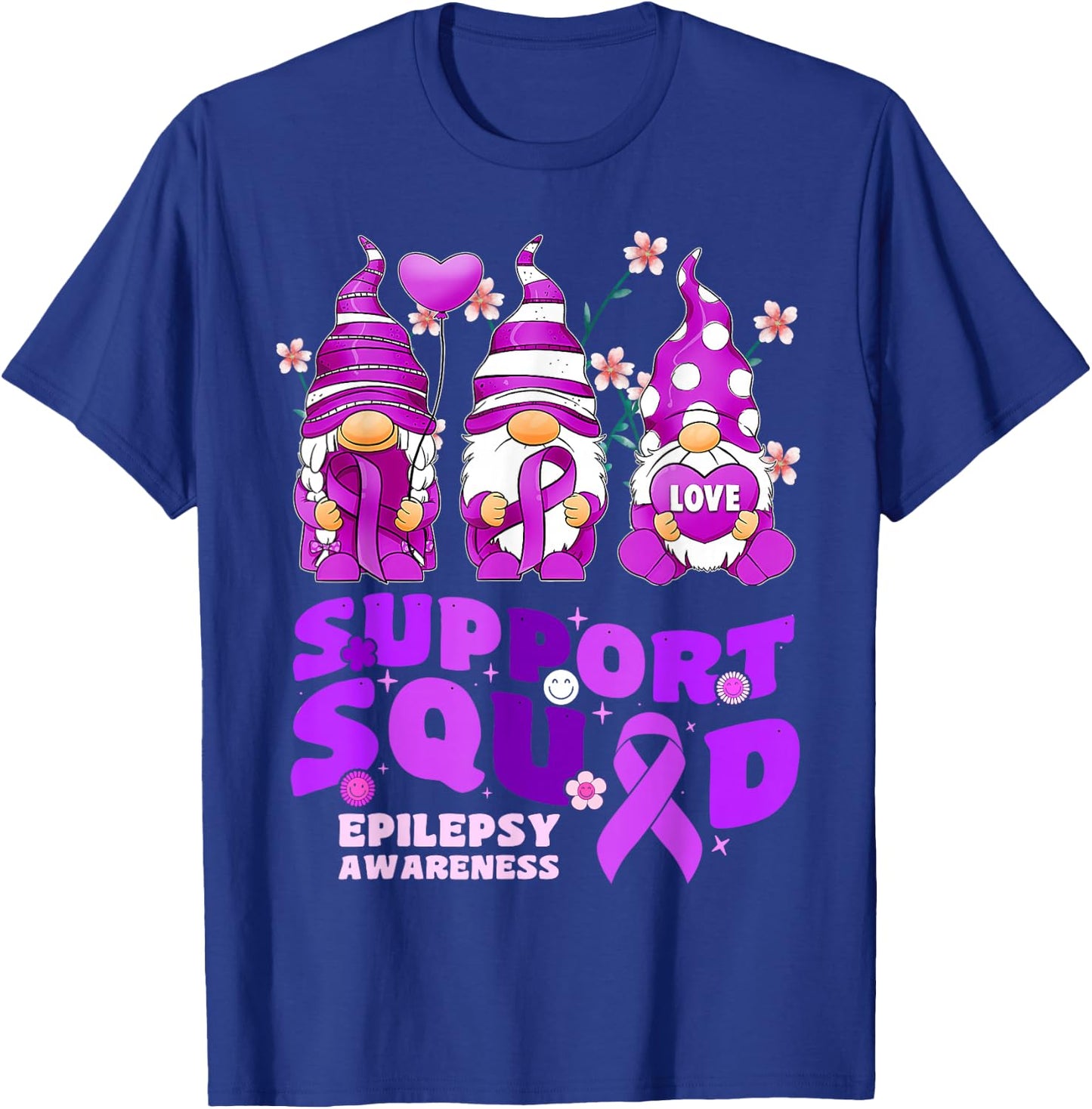 Support Squad Epilepsy Awareness Gnome Ribbon Flower Groovy T-Shirt - T-Shirt | Royal