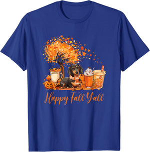 Happy Fall Y'all Dachshund Autumn Pumpkin Spice Latte T-Shirt - T-Shirt | Royal