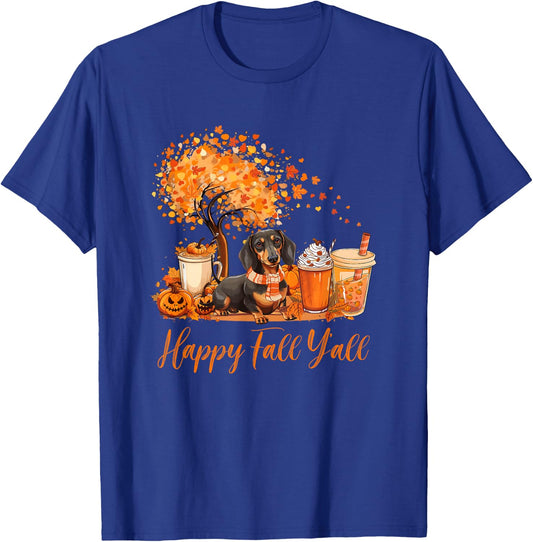 Happy Fall Y'all Dachshund Autumn Pumpkin Spice Latte T-Shirt - T-Shirt | Royal