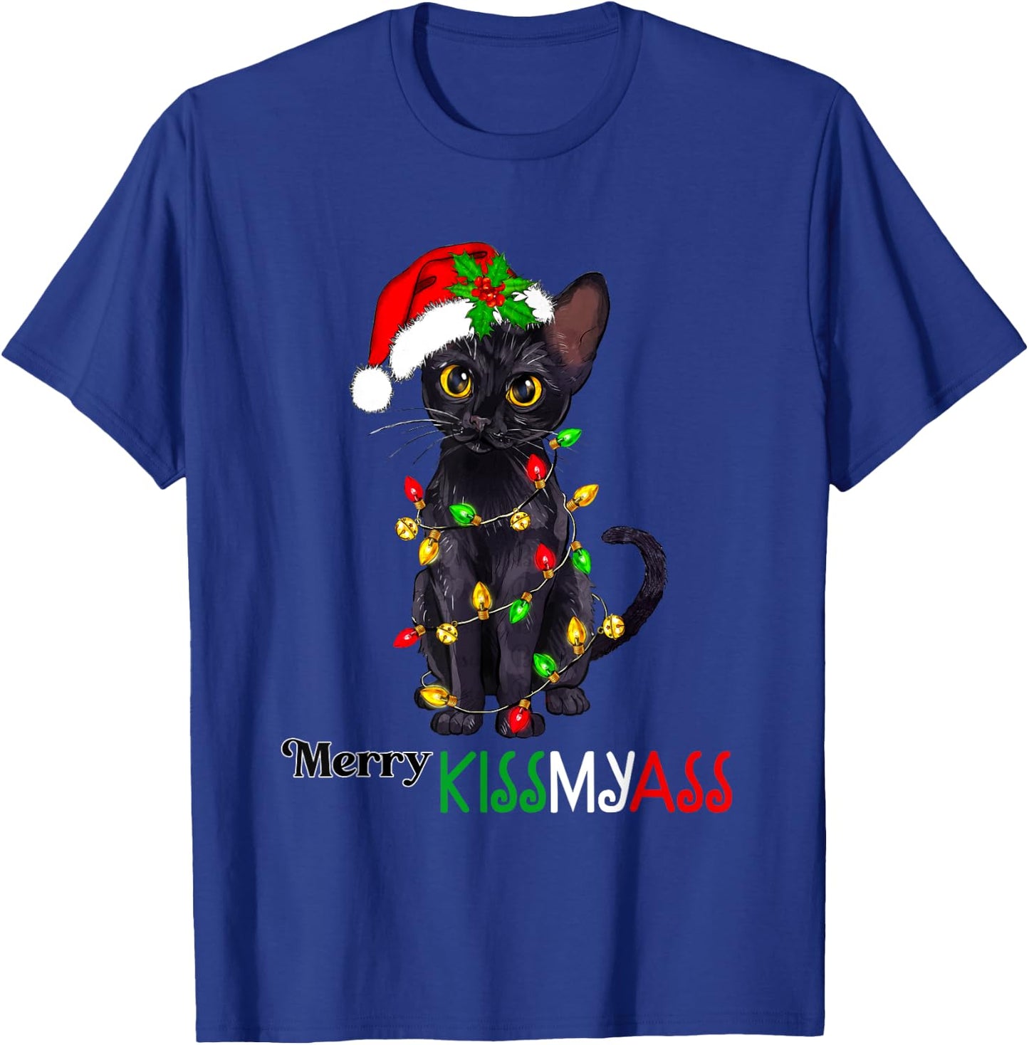 Funny Black Cat Merry Kissmyass Xmas Pajamas Chritsmas Women T-Shirt - T-Shirt | Royal