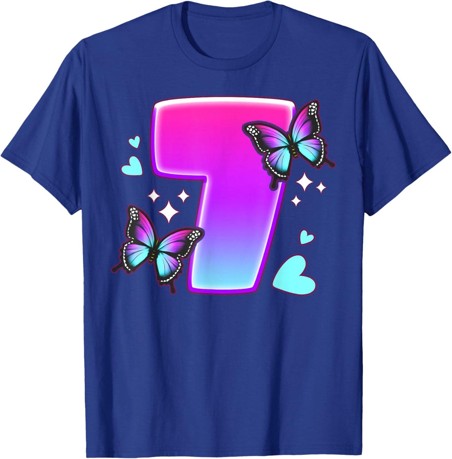 Birthday Girl 7 Years, Butterflies and Number 7 T-Shirt - T-Shirt | Royal