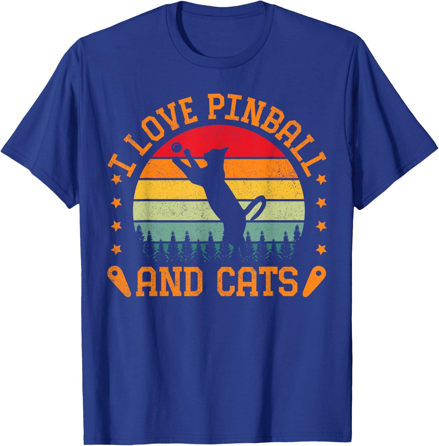 Retro Sunset I Love Pinball And Cats Pinball Machine Gamer T-Shirt - T-Shirt | Royal