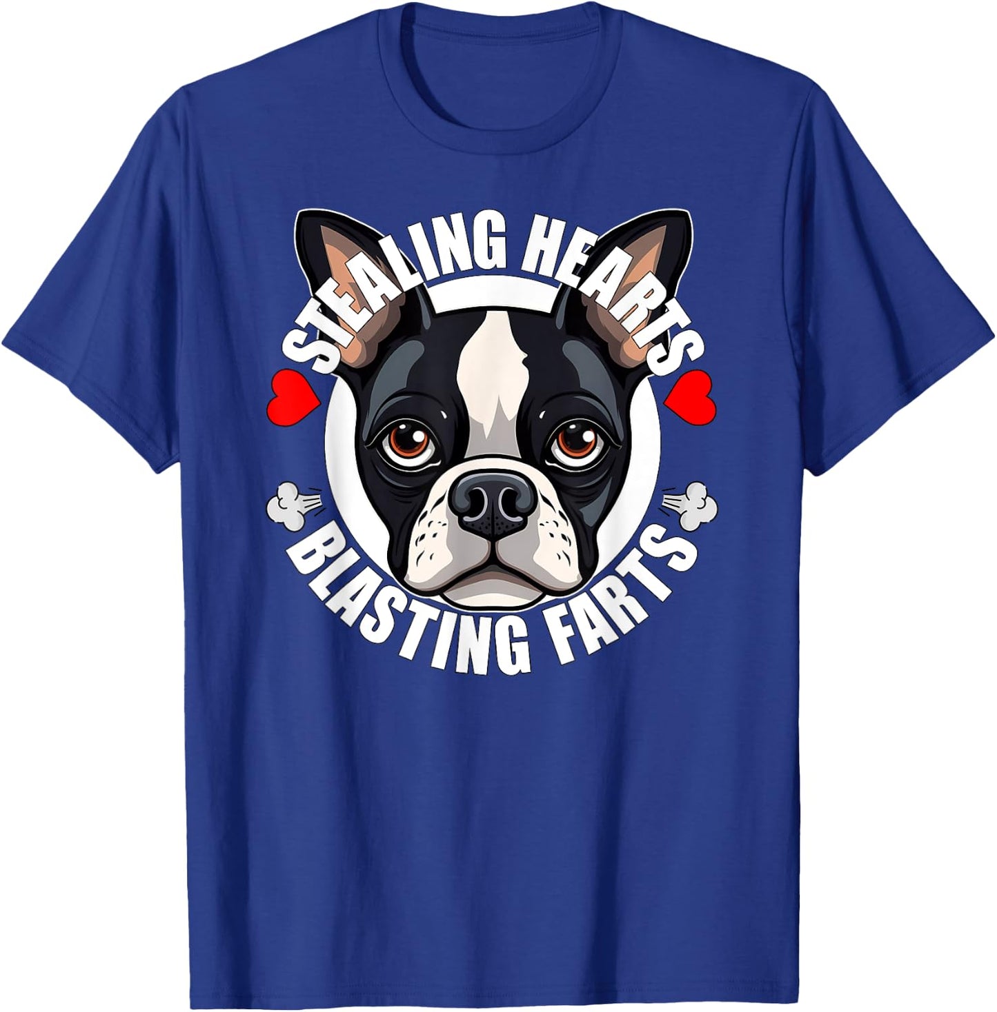 Funny Boston Terrier Stealing Hearts Blasting Farts Cute Dog Men Women Girls Kids T-Shirt - T-Shirt | Royal