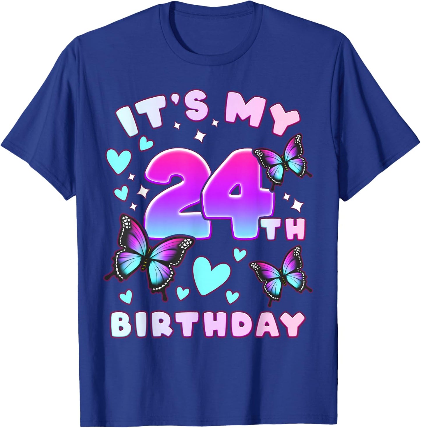 24th Birthday Girl 24 Years Old Butterflies and Number T-Shirt - T-Shirt | Royal