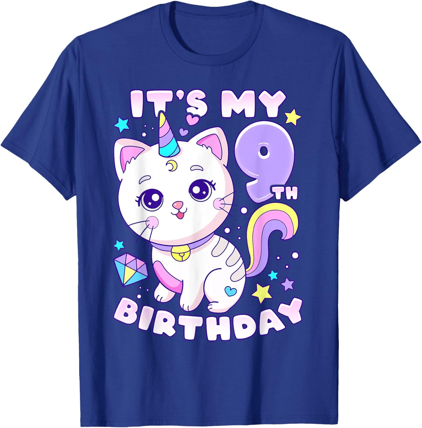 Birthday girl 9 years old, cat, unicorn, 9th birthday T-Shirt - T-Shirt | Royal