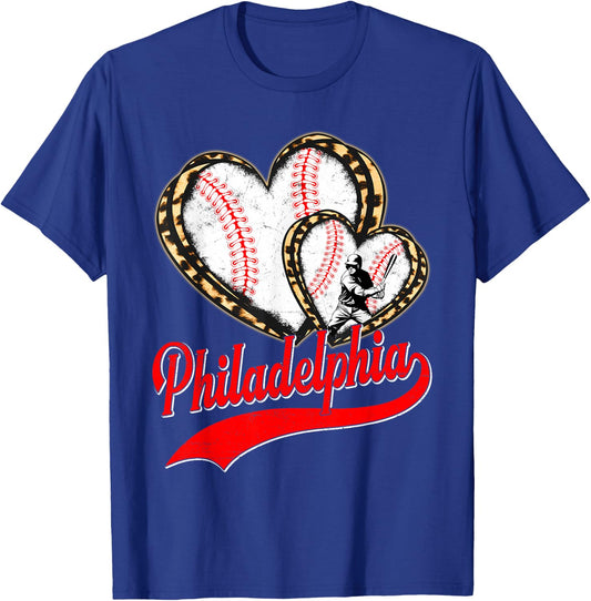 Vintage Philadelphia Baseball Leopard Heart Baseball Fans T-Shirt - T-Shirt | Royal