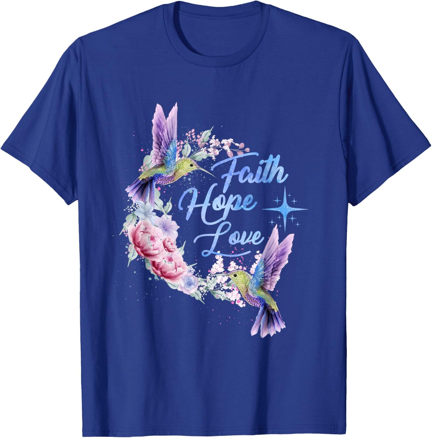 Hope Faith Love Hummingbird Picture Bird Print T-Shirt - T-Shirt | Royal