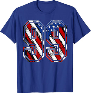 Number 99 Red White and Blue American Flag #99 Jersey Shirt T-Shirt - T-Shirt | Royal
