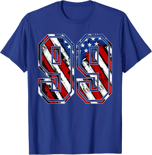 Number 99 Red White and Blue American Flag #99 Jersey Shirt T-Shirt - T-Shirt | Royal