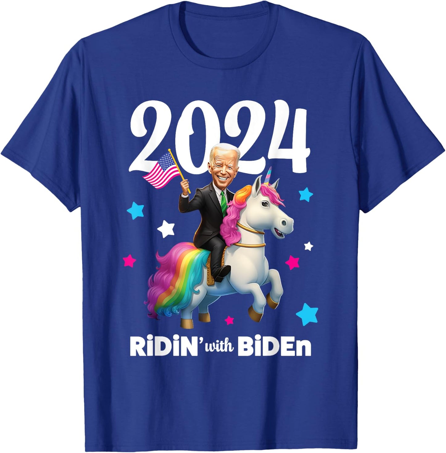 Ridin with Biden 2024 Joe Biden Riding Rainbow Unicorn T-Shirt - T-Shirt | Royal