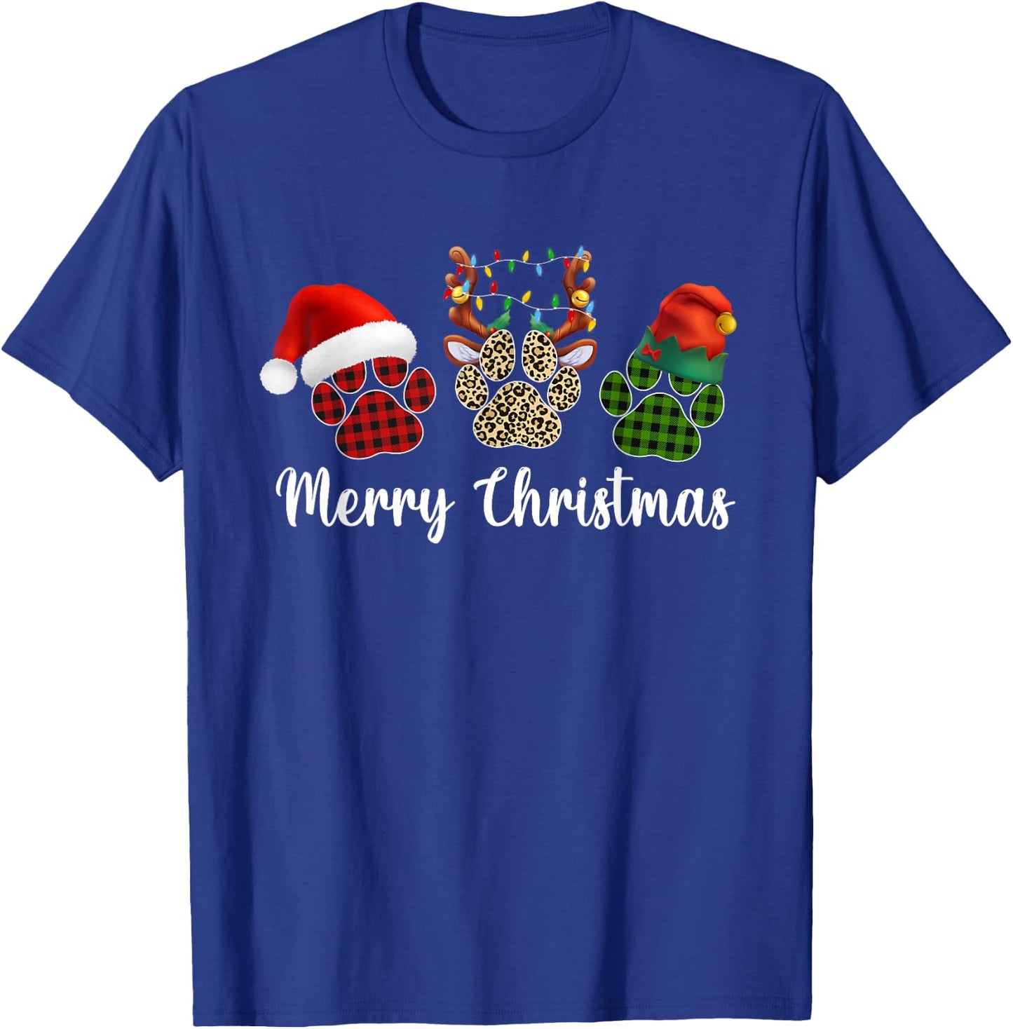 Merry Christmas Dog Paws Buffalo Plaid Leopard Santa Xmas T-Shirt - T-Shirt | Royal