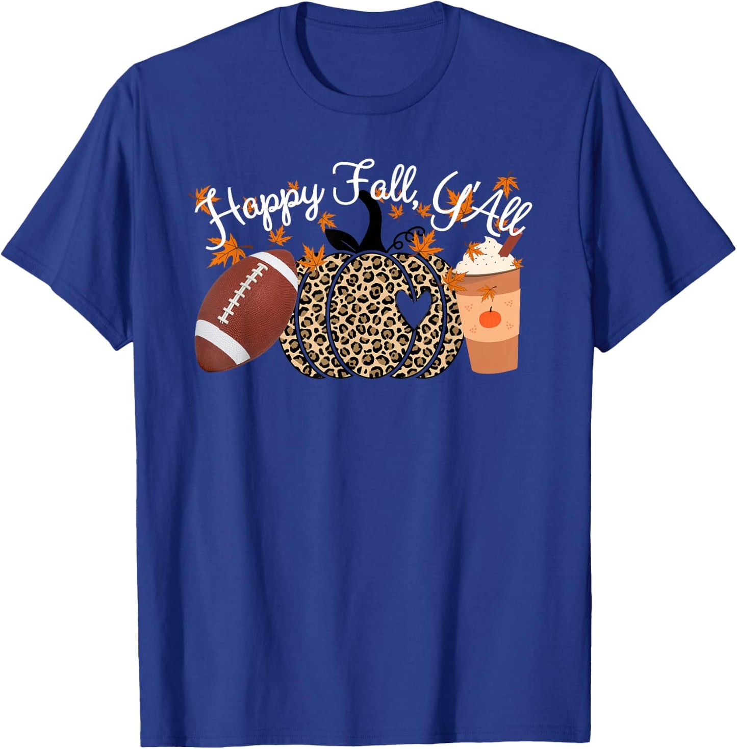 Happy Fall Y'all Leopard print Pumpkins Football and Coffee T-Shirt - T-Shirt | Royal