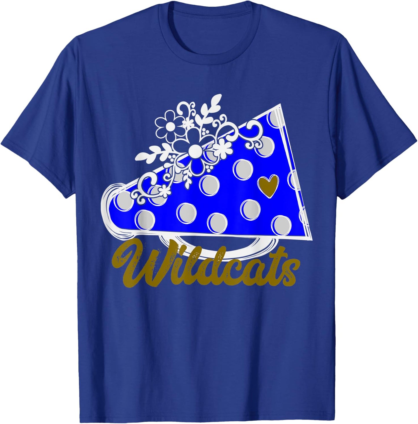 Cheer WILDCATS Shirt, Blue Megaphone Heart Flower Accent T-Shirt - T-Shirt | Royal