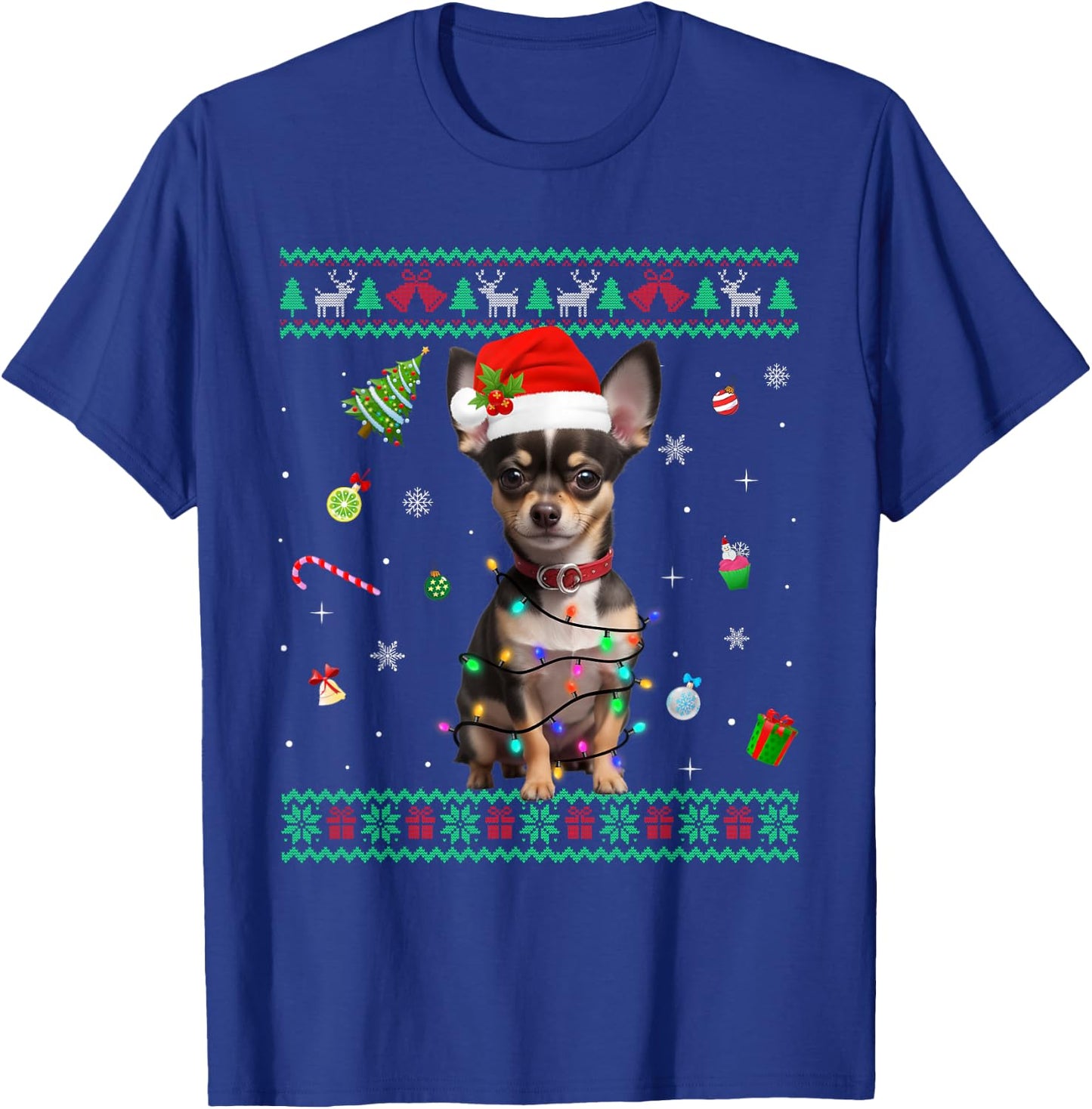 Ugly Sweater Chihuahua Dog Christmas Lights Santa Hat Men Women Kids T-Shirt - T-Shirt | Royal