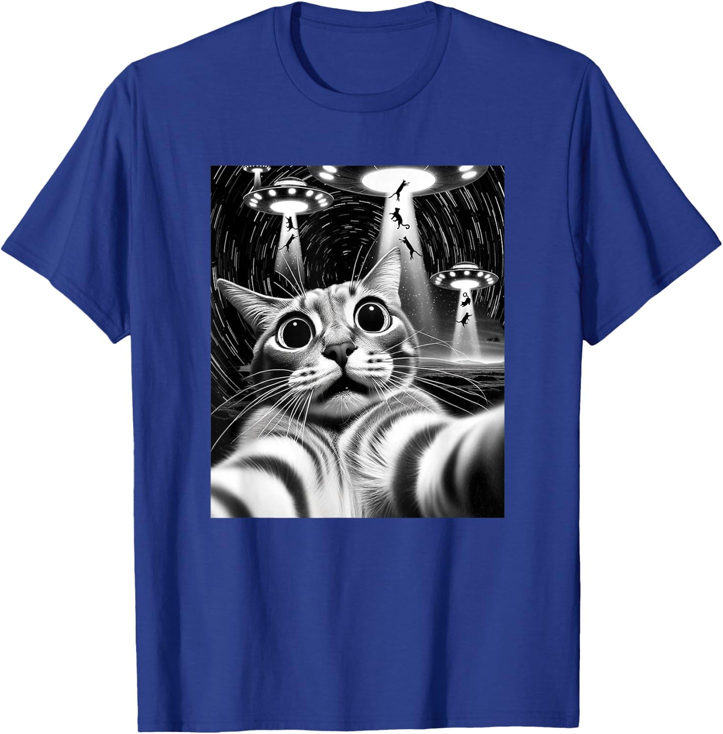 Cat UFO Invasion | Funny Cat Meme Retro Alien Cat UFO Selfie T-Shirt - T-Shirt | Royal