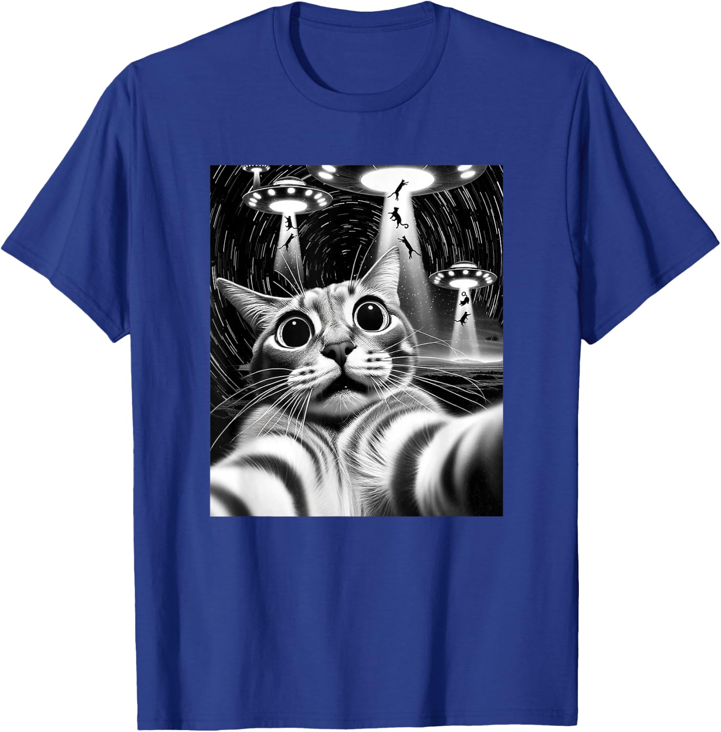 Cat UFO Invasion | Funny Cat Meme Retro Alien Cat UFO Selfie T-Shirt - T-Shirt | Royal