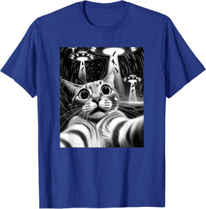 Cat UFO Invasion | Funny Cat Meme Retro Alien Cat UFO Selfie T-Shirt - T-Shirt | Royal