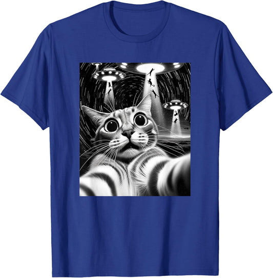 Cat UFO Invasion | Funny Cat Meme Retro Alien Cat UFO Selfie T-Shirt - T-Shirt | Royal
