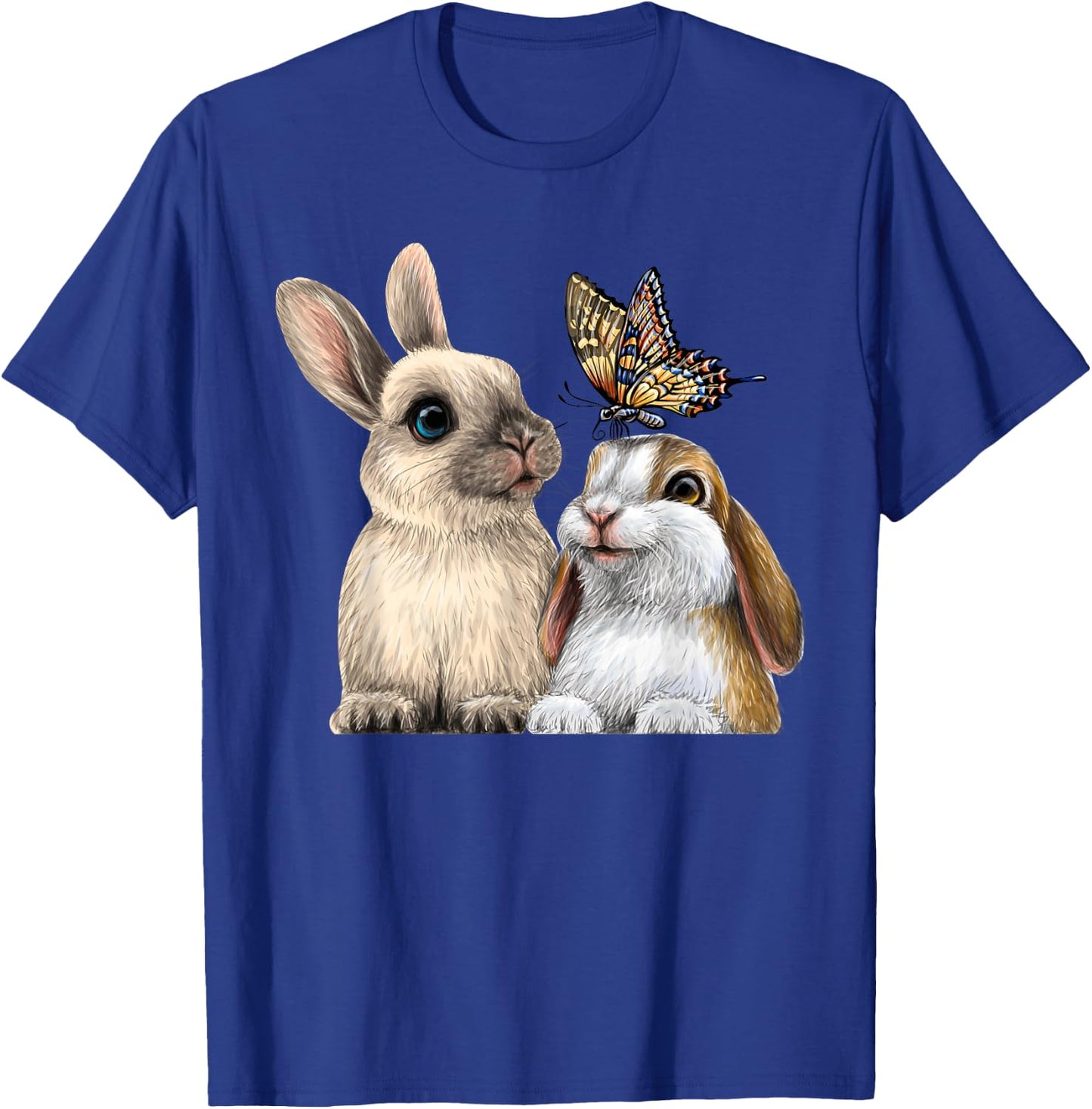 two cute Little rabbits with a butterfly for lovers Bunny T-Shirt - T-Shirt | Royal