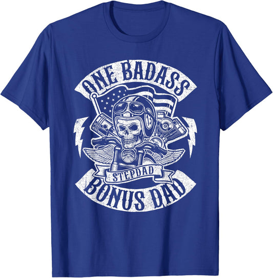 One Badass Bonus Stepdad Biker Step Dad Fathers Day Gift T-Shirt - T-Shirt | Royal