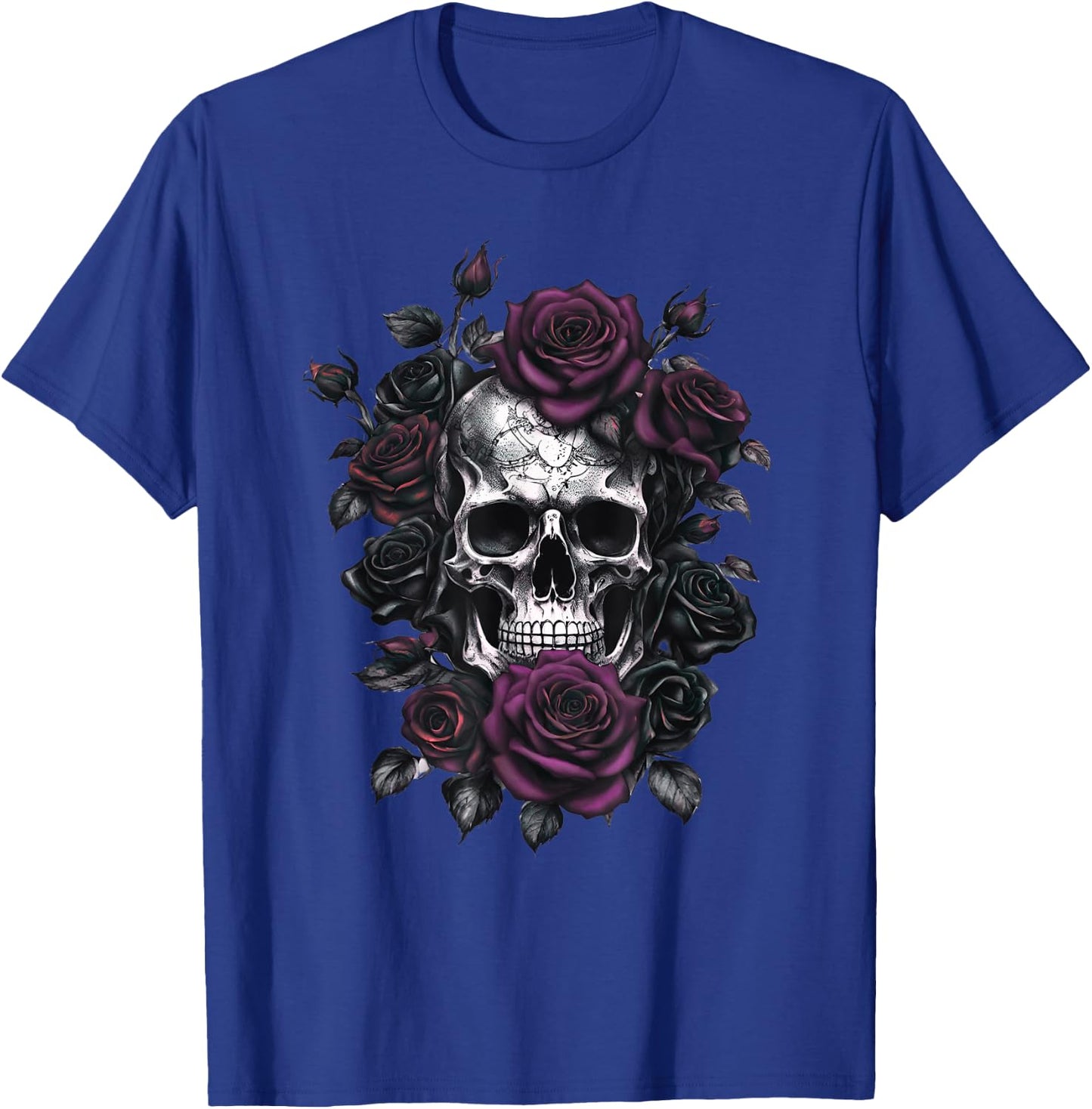 Skeleton Metalhead Skulls and Roses Metal Rock Purple Roses T-Shirt - T-Shirt | Royal