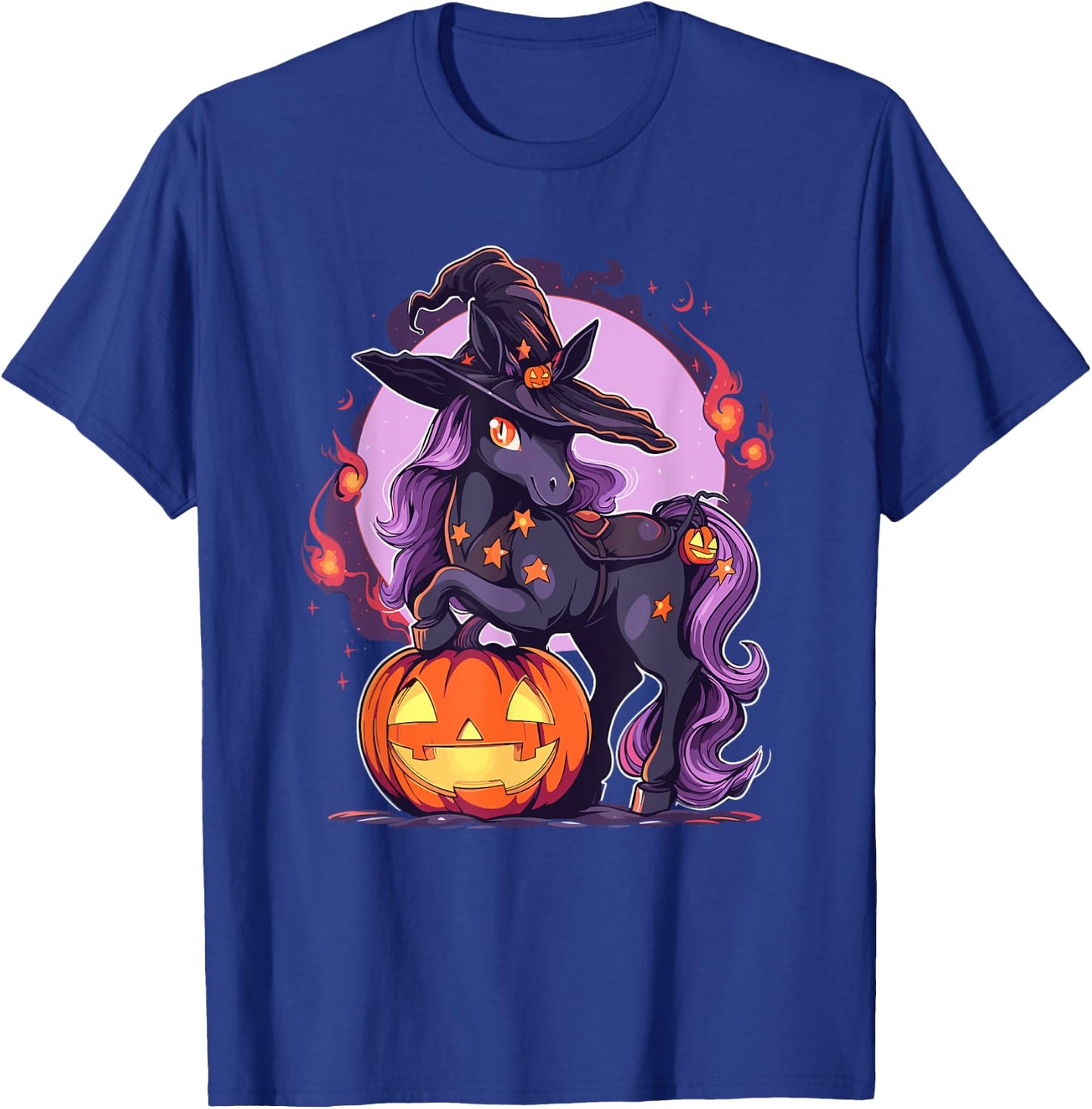 Halloween Horse Witch Hat Jack o Lantern Horse Rider Graphic T-Shirt - T-Shirt | Royal