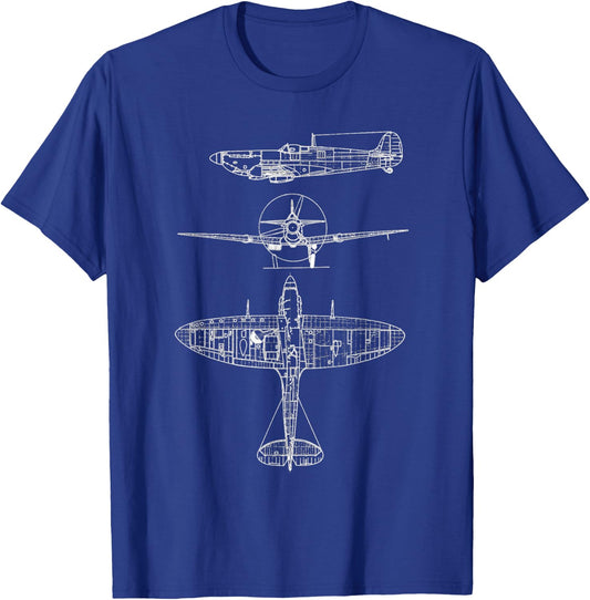 Spitfire Iconic British Airplane Blueprint Design T-Shirt - T-Shirt | Royal