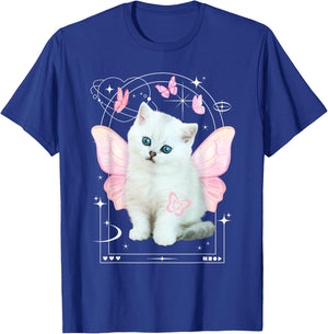 Cute y2k Aesthetic Cat Butterfly Fairy Cyber 2000s Graphic T-Shirt - T-Shirt | Royal