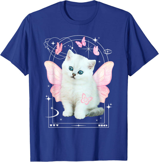 Cute y2k Aesthetic Cat Butterfly Fairy Cyber 2000s Graphic T-Shirt - T-Shirt | Royal
