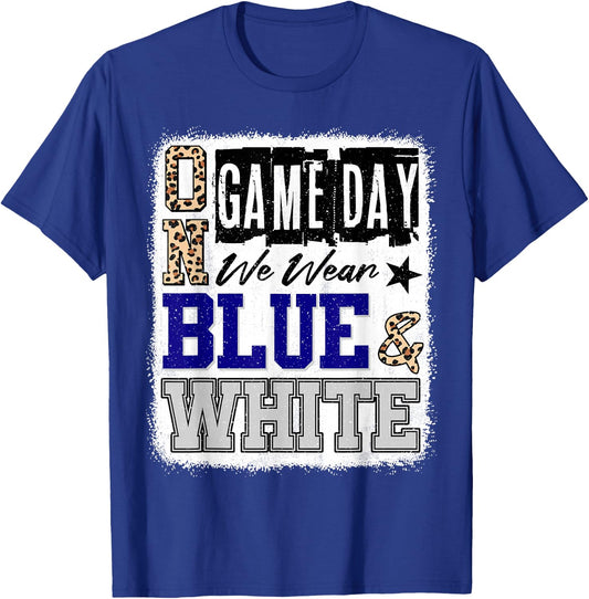 On Gameday Football We Wear Blue And White School Spirit T-Shirt - T-Shirt | Royal