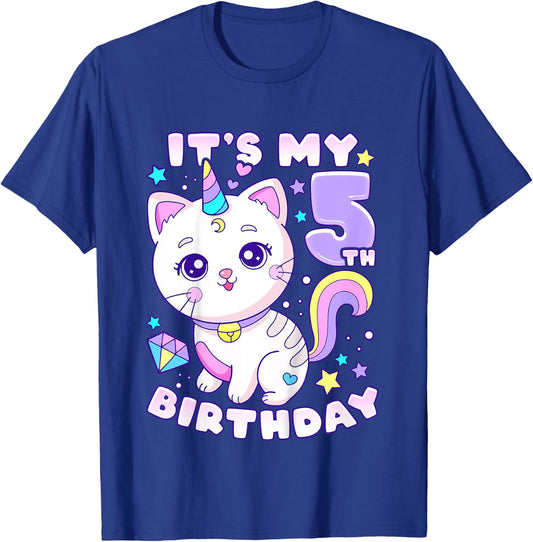 Birthday girl 5 years old, cat, unicorn, 5th birthday T-Shirt - T-Shirt | Royal
