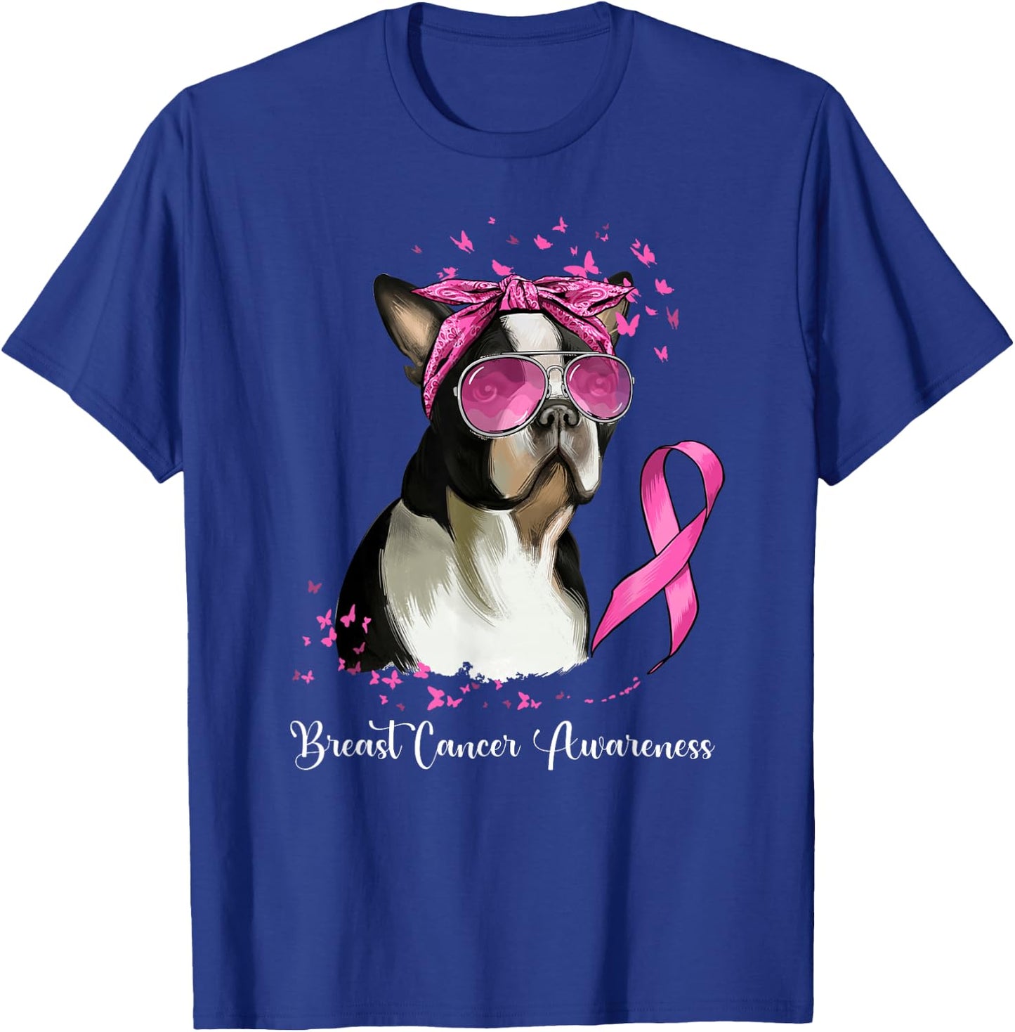 Boston Terrier Dog Lover Pink Ribbon Breast Cancer Awareness T-Shirt - T-Shirt | Royal