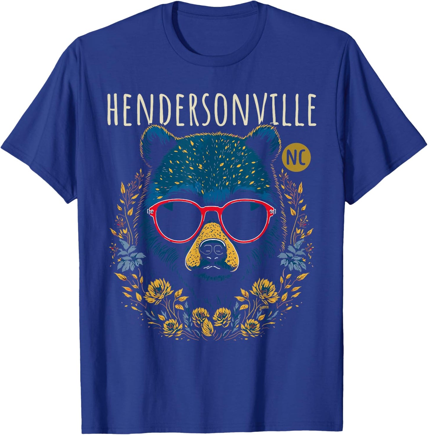 Hendersonville NC Fun Bear Wearing Glasses Flowers Design T-Shirt - T-Shirt | Royal