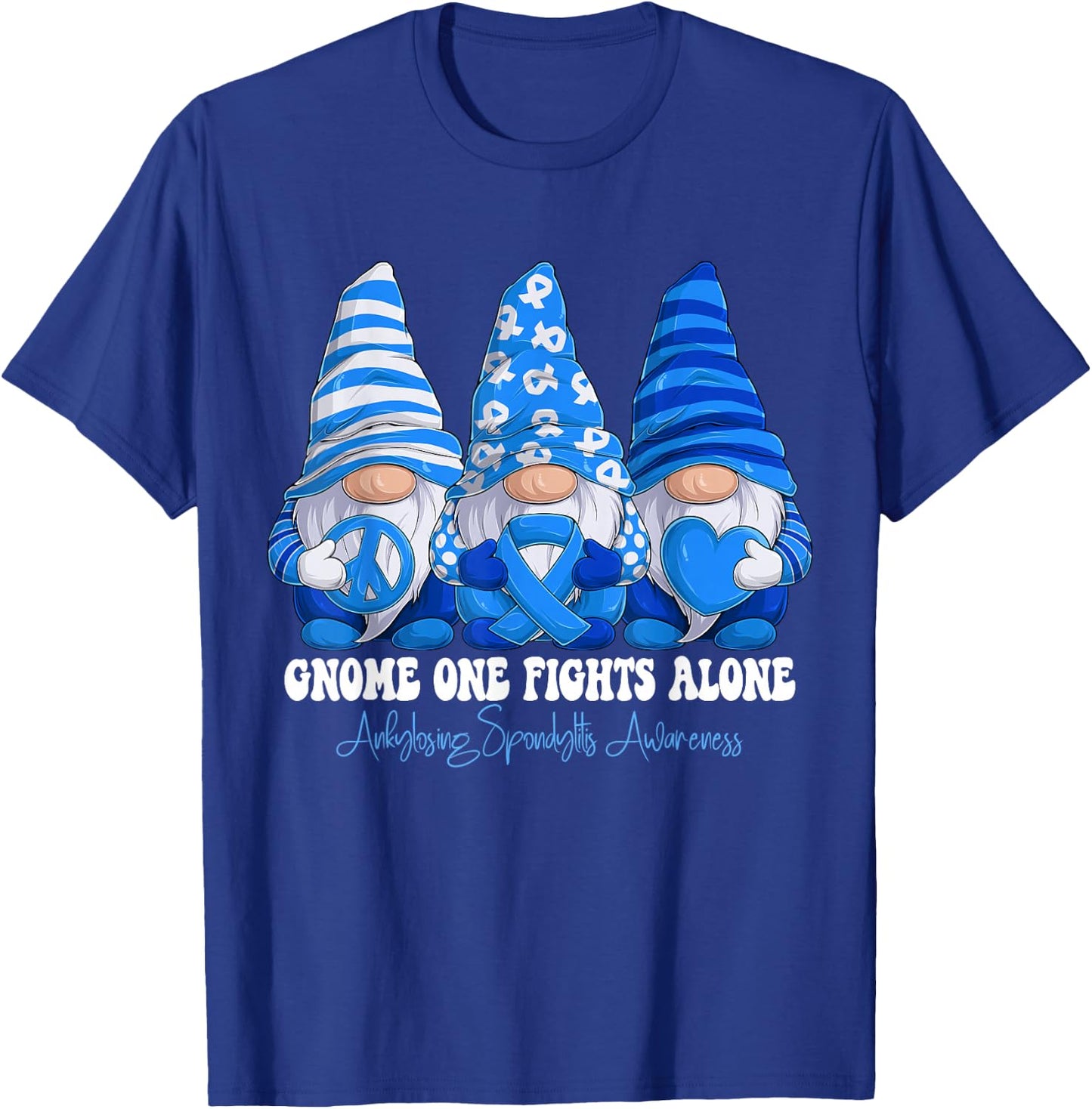 Ankylosing Spondylitis Awareness Month Blue Ribbon Gnomies T-Shirt - T-Shirt | Royal