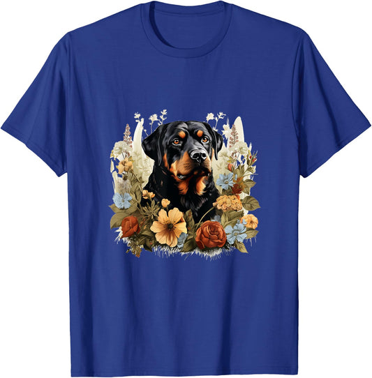 Rottweiler Dog With Flowers Vintage Pastel Floral Border Men Women Kids T-Shirt - T-Shirt | Royal