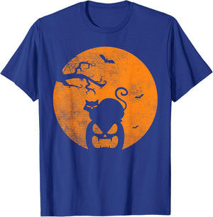 Vintage Scary Halloween Pumpkin Cat Costume Retro Cat Moon T-Shirt - T-Shirt | Royal