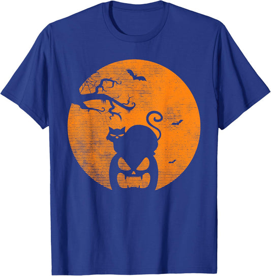 Vintage Scary Halloween Pumpkin Cat Costume Retro Cat Moon T-Shirt - T-Shirt | Royal