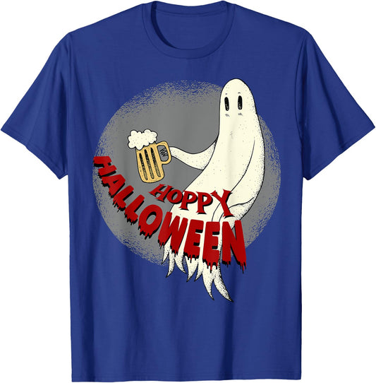 Ghost With Beer Mug Funny Hoppy Halloween T-Shirt - T-Shirt | Royal